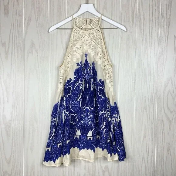 Free People Shea Mini Dress Blue Cream Size XS Boho Festival Swing Slip - Picture 3 of 7